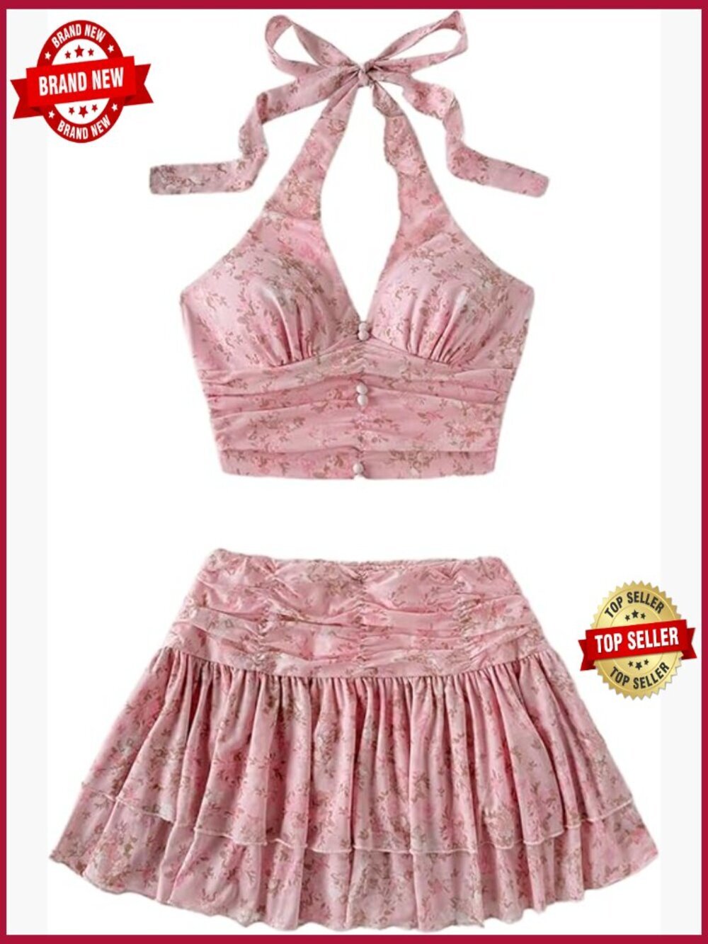 Floral Crop Halter Top & Ruffle Skirt Set, 2 Piece Vacation Outfit